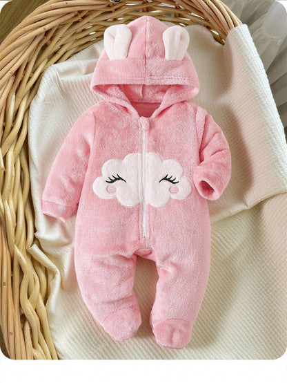 Newborn Baby Girl Cartoon Cloud Pattern Applique Zip Hooded Warm Flannel Romper For Autumn/Winter