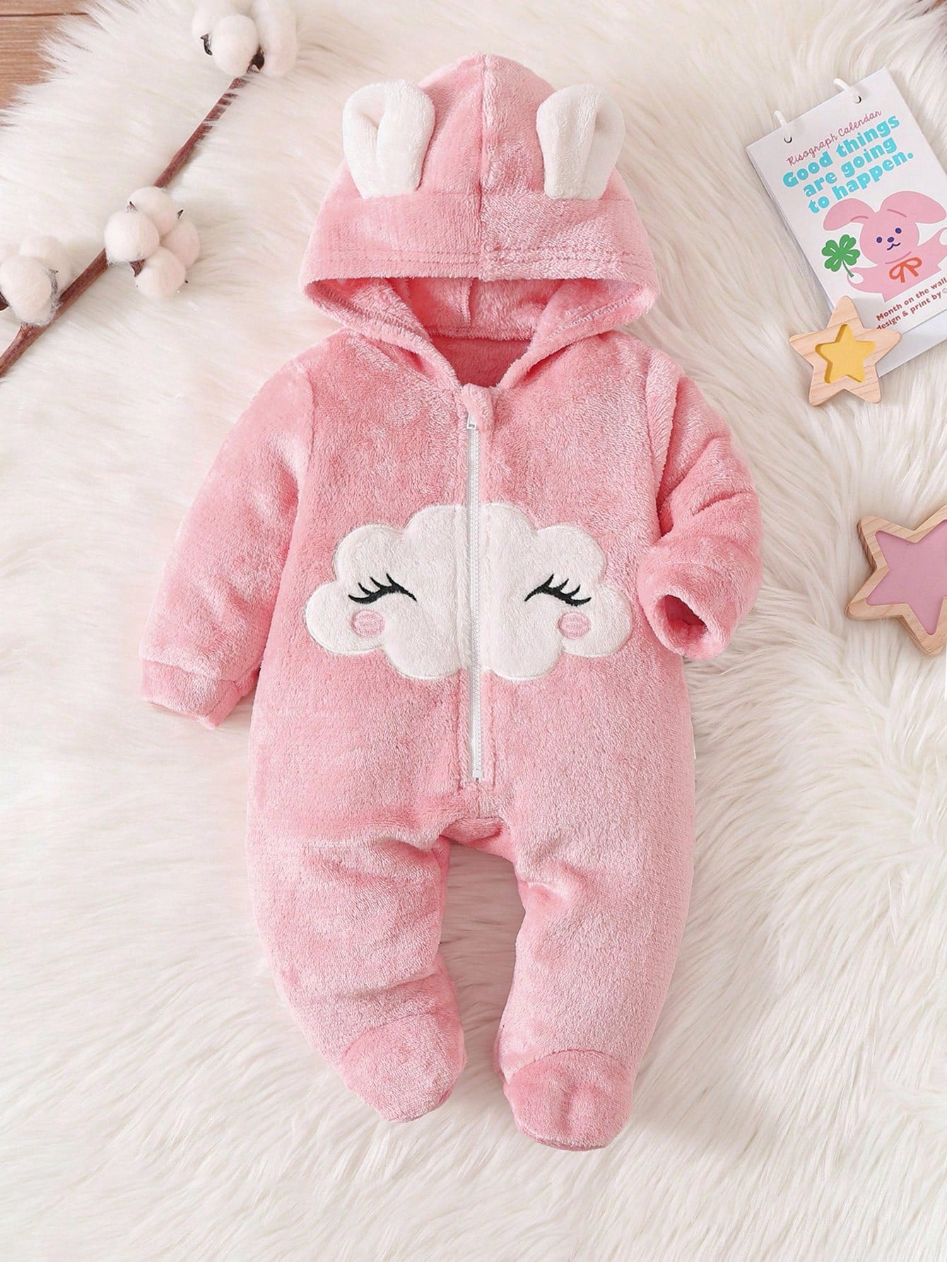 Newborn Baby Girl Cartoon Cloud Pattern Applique Zip Hooded Warm Flannel Romper For Autumn/Winter