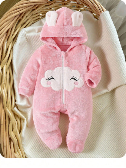 Newborn Baby Girl Cartoon Cloud Pattern Applique Zip Hooded Warm Flannel Romper For Autumn/Winter