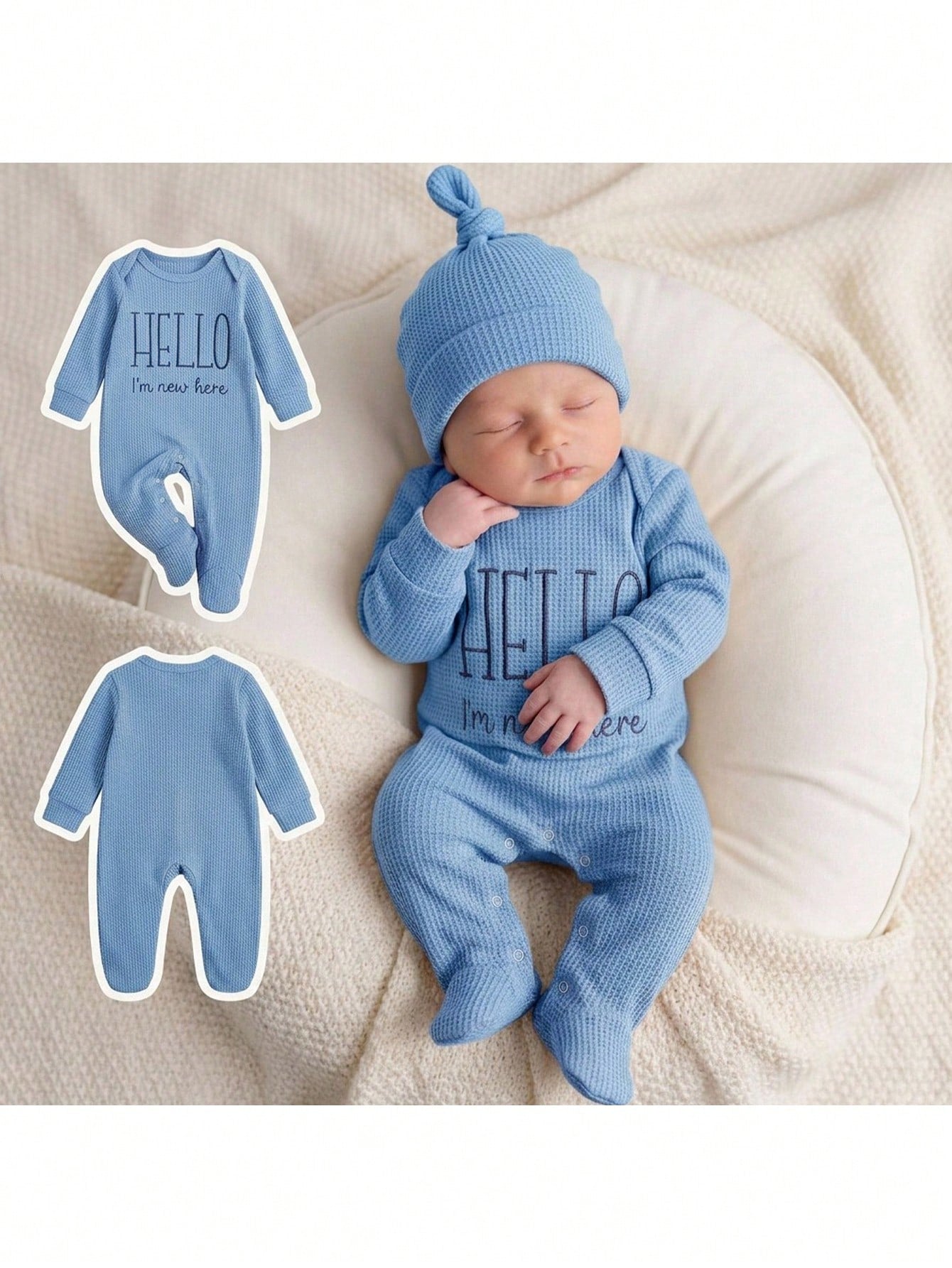 Newborn Baby Girl Cute Casual Knitted Blue Embroidered Romper Pajamas