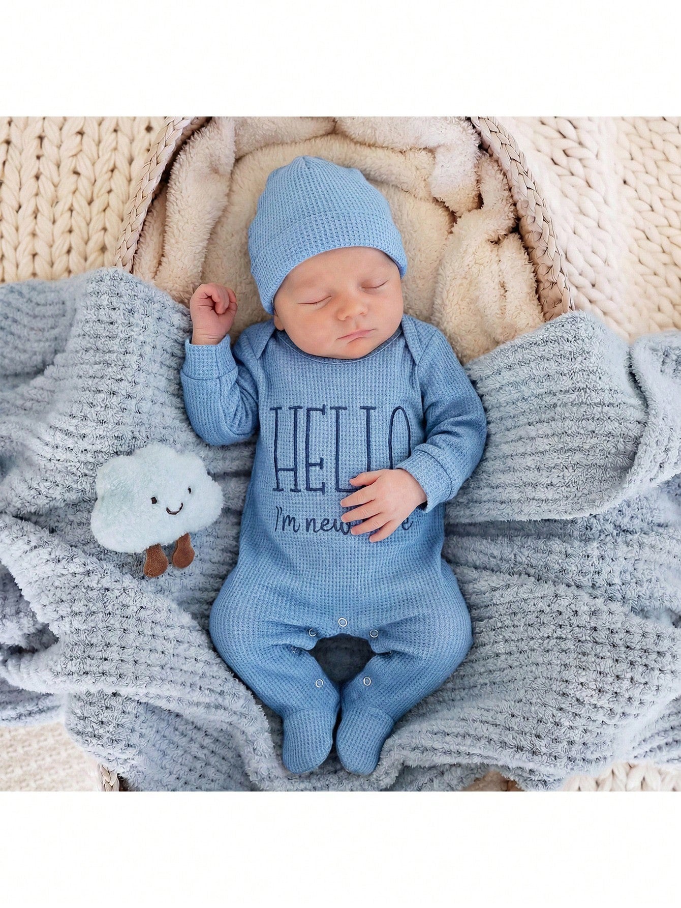 Newborn Baby Girl Cute Casual Knitted Blue Embroidered Romper Pajamas