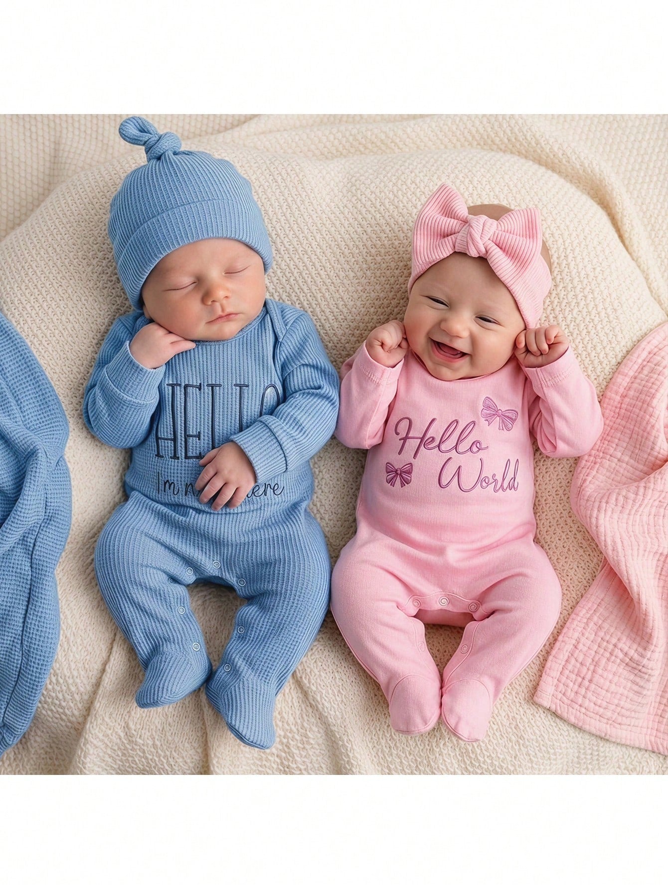 Newborn Baby Girl Cute Casual Knitted Blue Embroidered Romper Pajamas