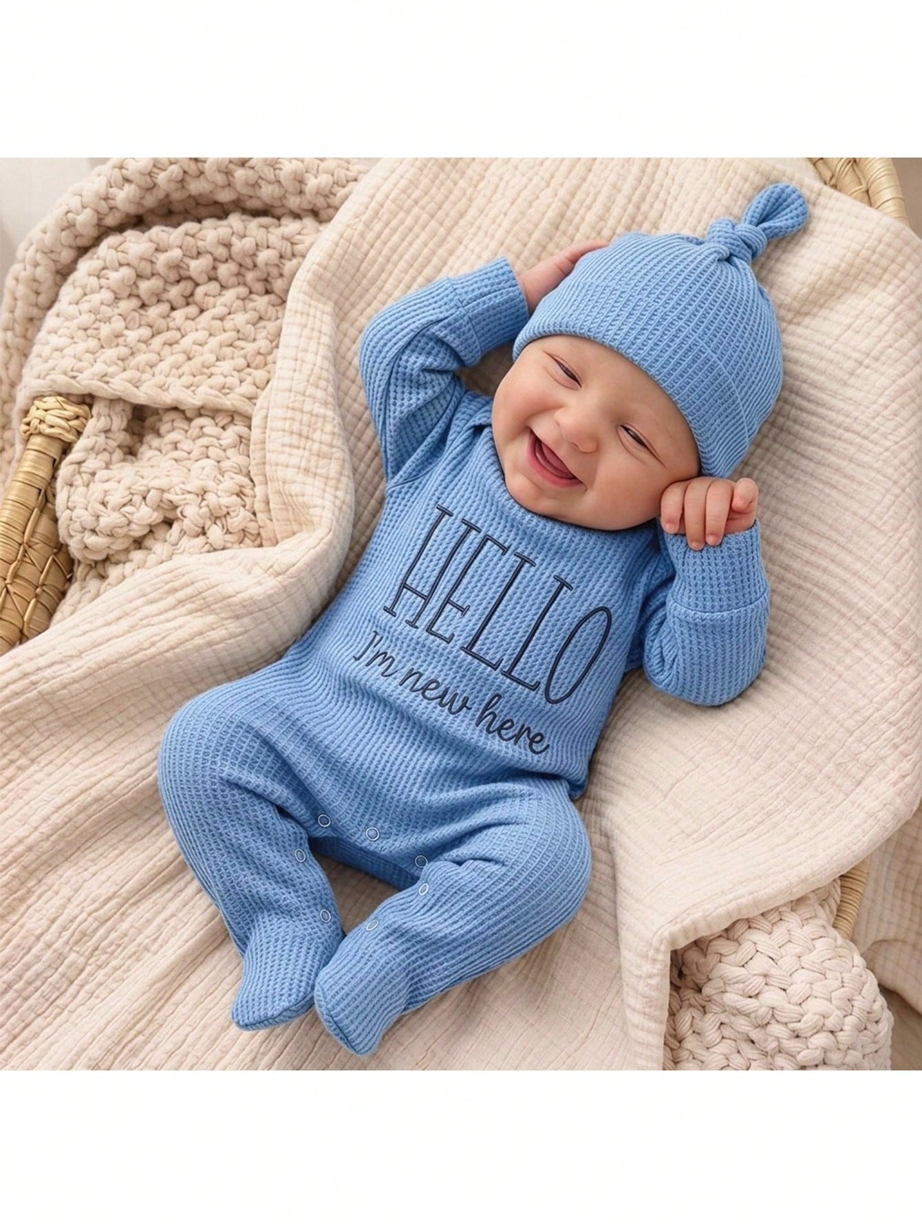 Newborn Baby Girl Cute Casual Knitted Blue Embroidered Romper Pajamas
