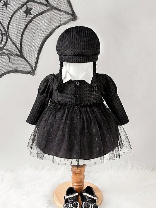Newborn Baby Girl Halloween Braided Hat With Collar Mesh Dress Costume 2026 New Autumn Fashion Comfortable Cute