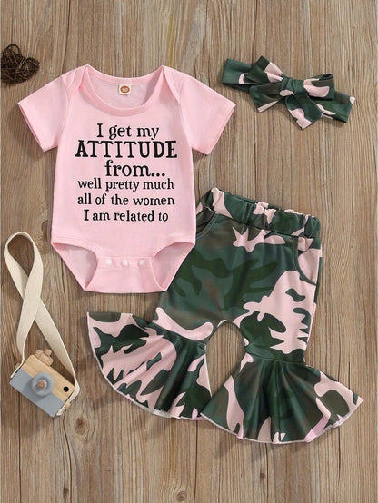 Newborn Baby Girl Summer Outfit Set Letter Print Short Sleeve Romper Bodysuit Camouflage Flared Pants Headband Set