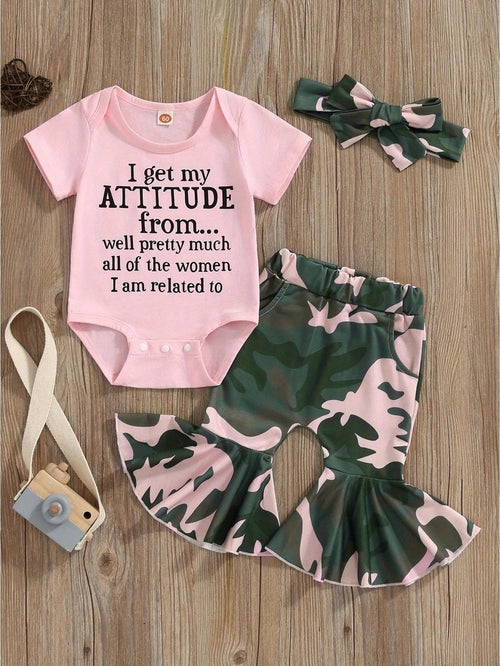 Newborn Baby Girl Summer Outfit Set Letter Print Short Sleeve Romper Bodysuit Camouflage Flared Pants Headband Set