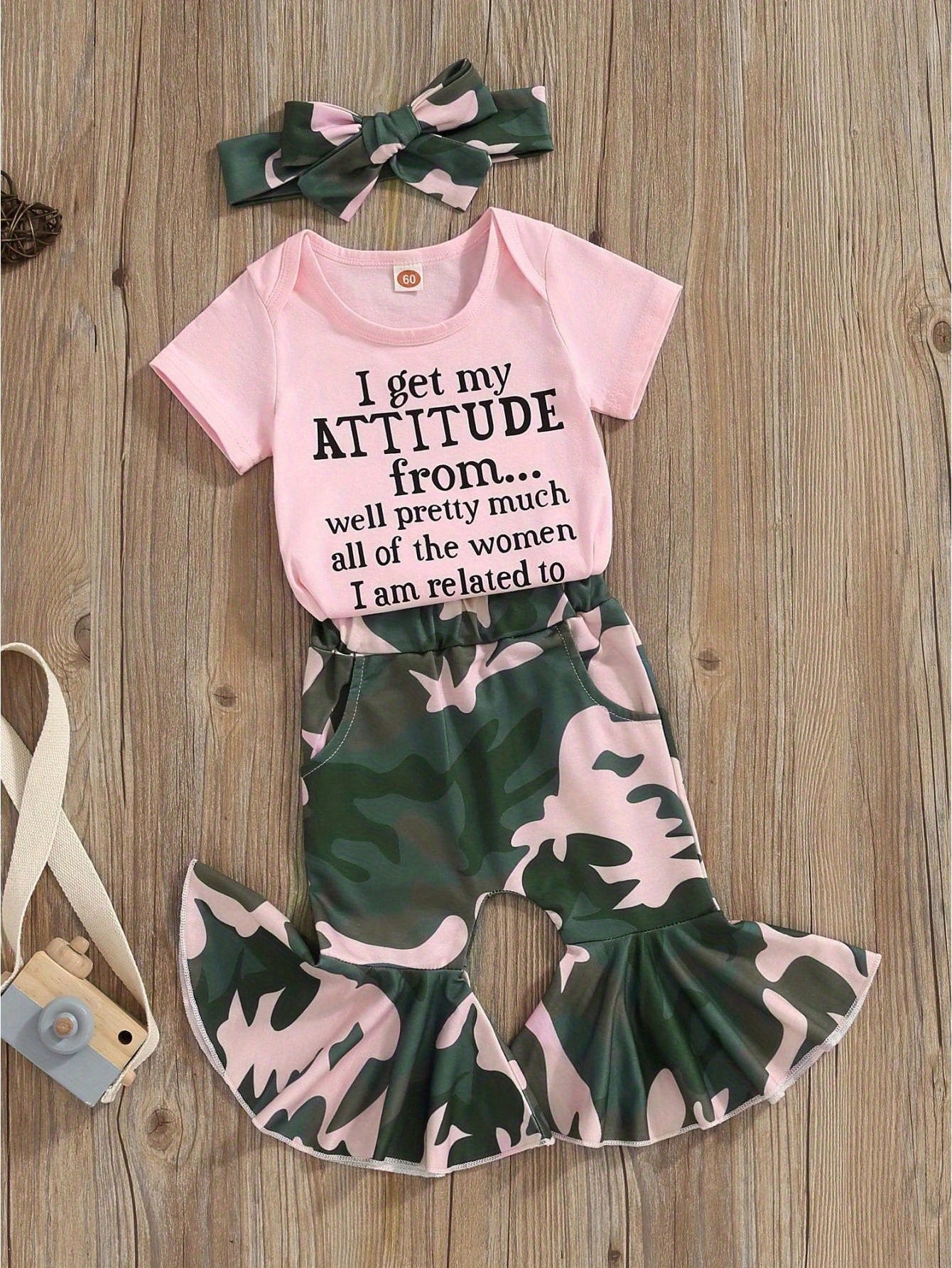 Newborn Baby Girl Summer Outfit Set Letter Print Short Sleeve Romper Bodysuit Camouflage Flared Pants Headband Set