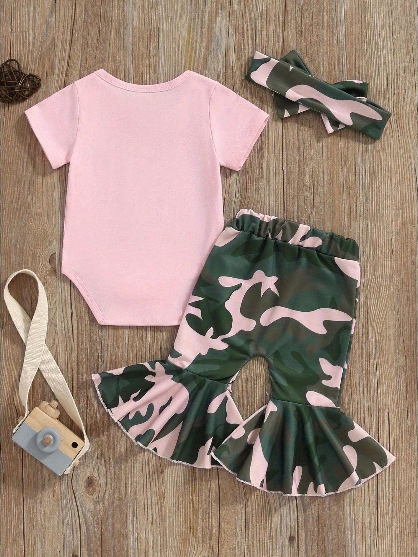 Newborn Baby Girl Summer Outfit Set Letter Print Short Sleeve Romper Bodysuit Camouflage Flared Pants Headband Set
