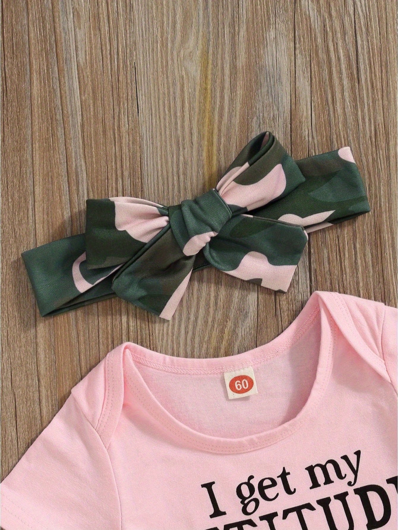 Newborn Baby Girl Summer Outfit Set Letter Print Short Sleeve Romper Bodysuit Camouflage Flared Pants Headband Set