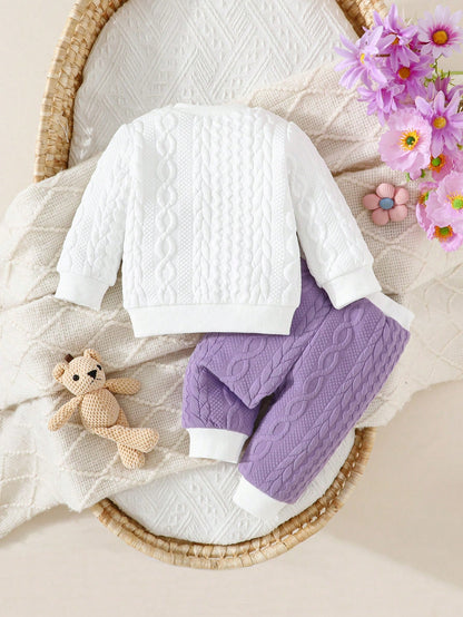 Newborn Baby Girls Cute Bear & Bow Flocked Embroidered Long Sleeve Top And Contrast Color Simple Long Pants 2pcs Outfit Set
