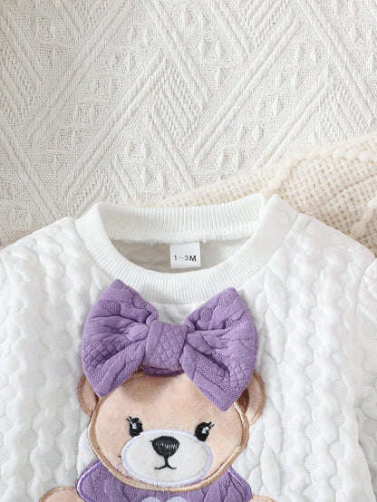 Newborn Baby Girls Cute Bear & Bow Flocked Embroidered Long Sleeve Top And Contrast Color Simple Long Pants 2pcs Outfit Set