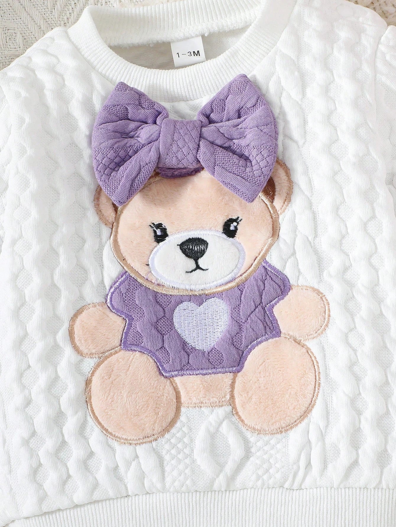 Newborn Baby Girls Cute Bear & Bow Flocked Embroidered Long Sleeve Top And Contrast Color Simple Long Pants 2pcs Outfit Set