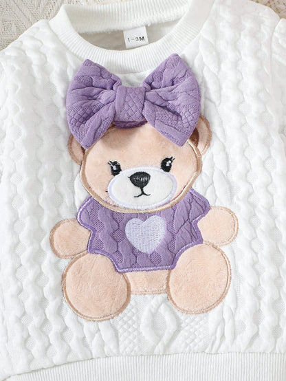 Newborn Baby Girls Cute Bear & Bow Flocked Embroidered Long Sleeve Top And Contrast Color Simple Long Pants 2pcs Outfit Set