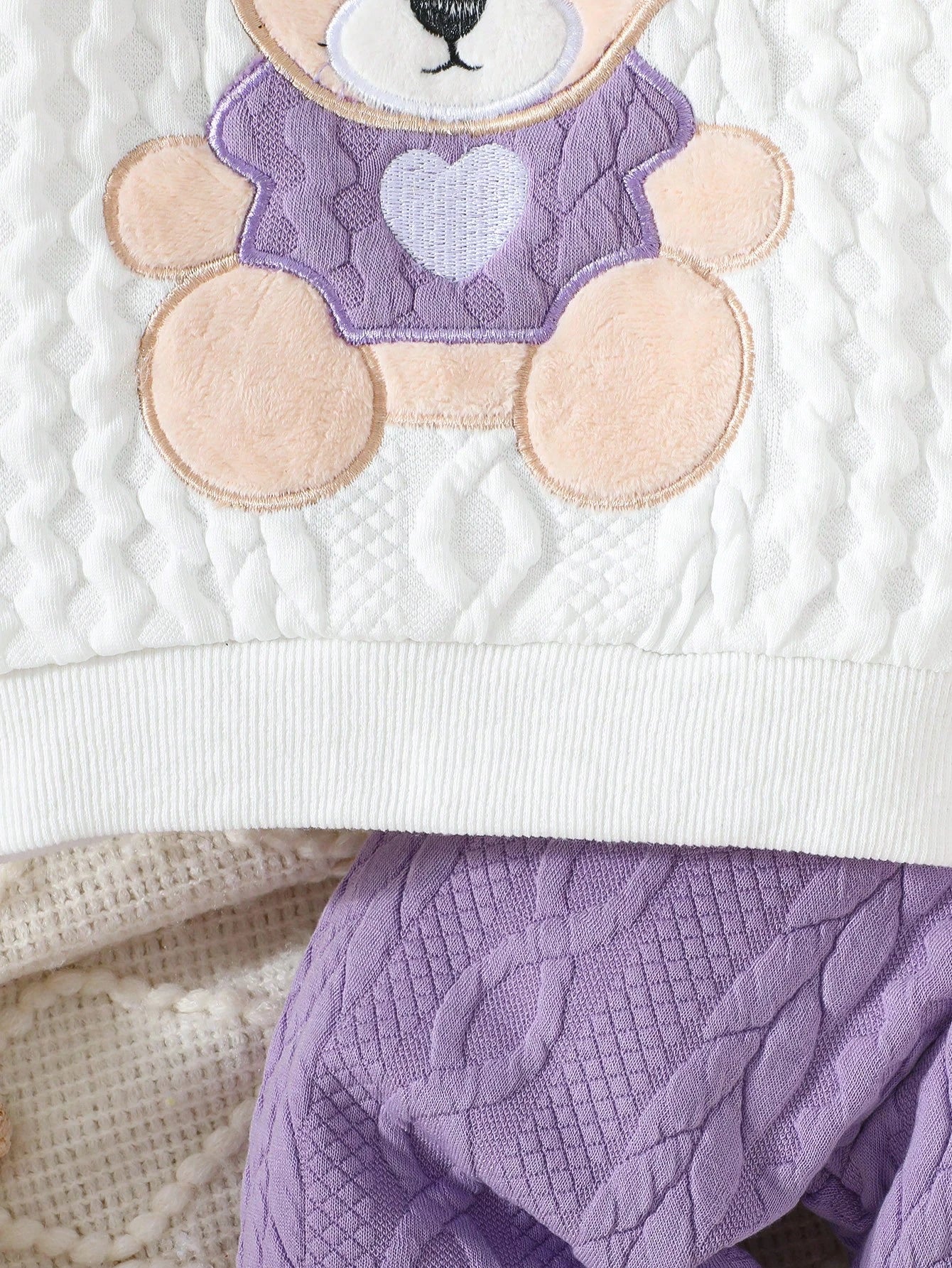 Newborn Baby Girls Cute Bear & Bow Flocked Embroidered Long Sleeve Top And Contrast Color Simple Long Pants 2pcs Outfit Set