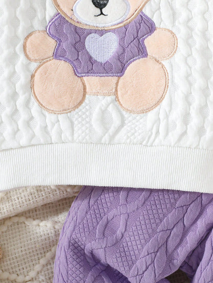 Newborn Baby Girls Cute Bear & Bow Flocked Embroidered Long Sleeve Top And Contrast Color Simple Long Pants 2pcs Outfit Set