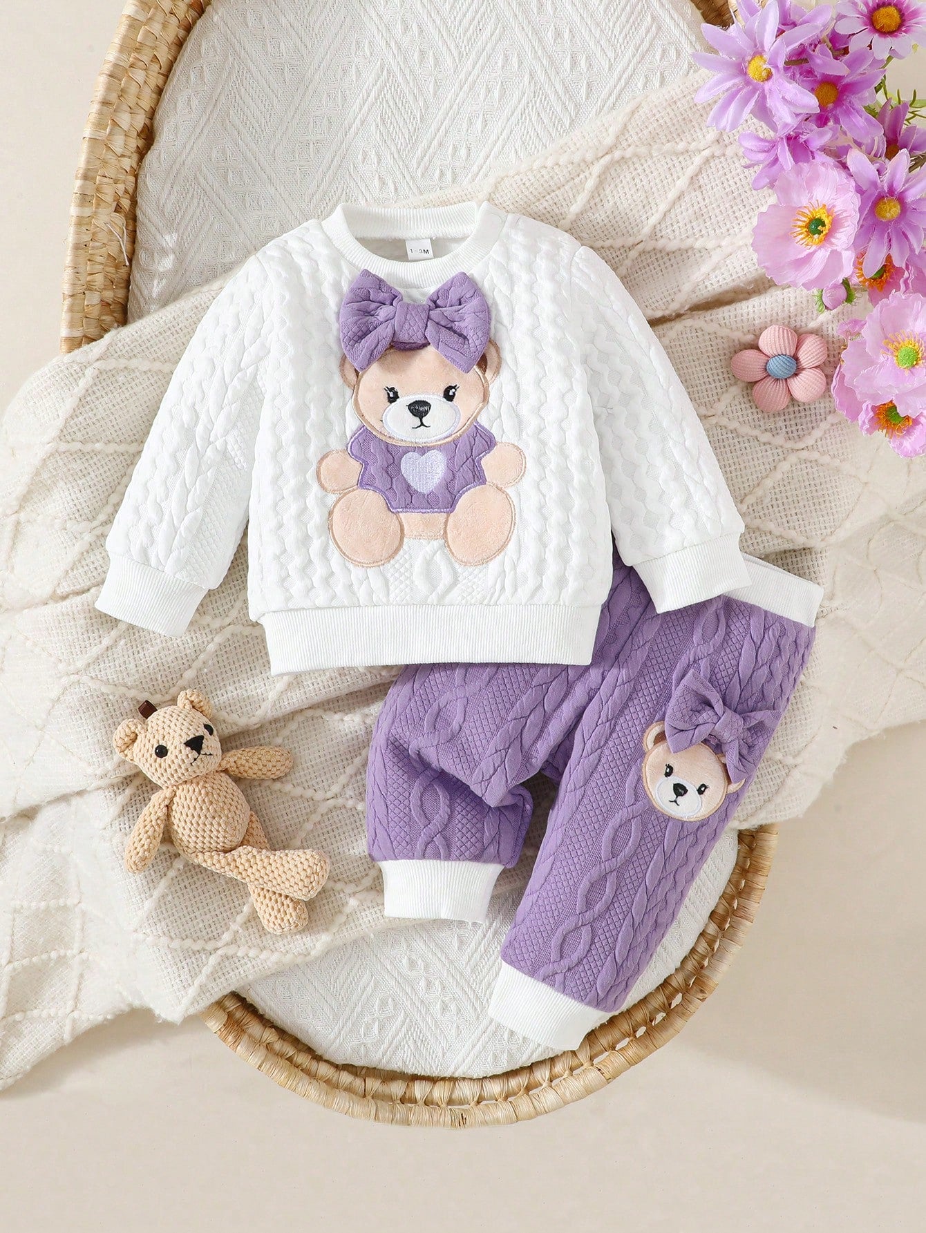 Newborn Baby Girls Cute Bear & Bow Flocked Embroidered Long Sleeve Top And Contrast Color Simple Long Pants 2pcs Outfit Set