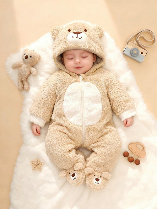 Newborn Bear Shaped Outfit, Includes Cute Bear 3D Shaped Hat, Bear Ear Hooded Long Sleeve Jumpsuit With Pants