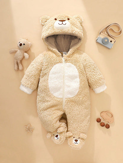 Newborn Bear Shaped Outfit, Includes Cute Bear 3D Shaped Hat, Bear Ear Hooded Long Sleeve Jumpsuit With Pants