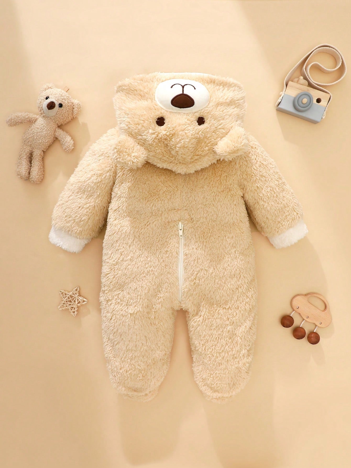 Newborn Bear Shaped Outfit, Includes Cute Bear 3D Shaped Hat, Bear Ear Hooded Long Sleeve Jumpsuit With Pants
