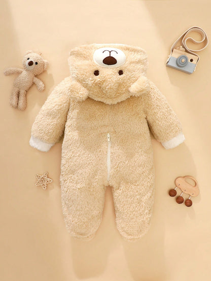 Newborn Bear Shaped Outfit, Includes Cute Bear 3D Shaped Hat, Bear Ear Hooded Long Sleeve Jumpsuit With Pants