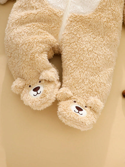 Newborn Bear Shaped Outfit, Includes Cute Bear 3D Shaped Hat, Bear Ear Hooded Long Sleeve Jumpsuit With Pants