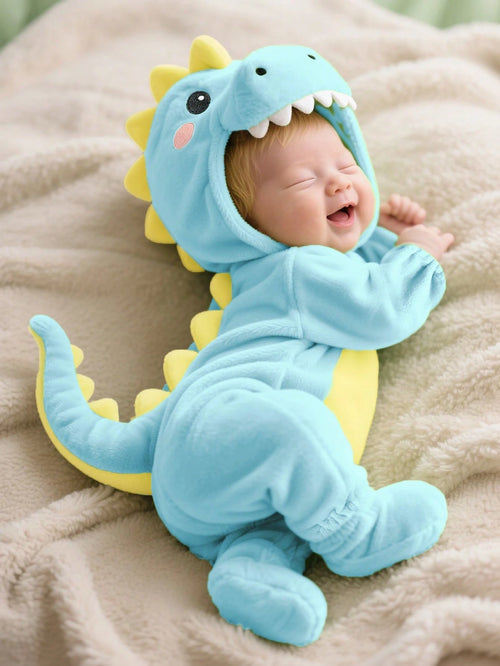 Newborn Cute Fun Crystal Plush Dinosaur 3D Shaped Long Sleeve Long Pants Romper