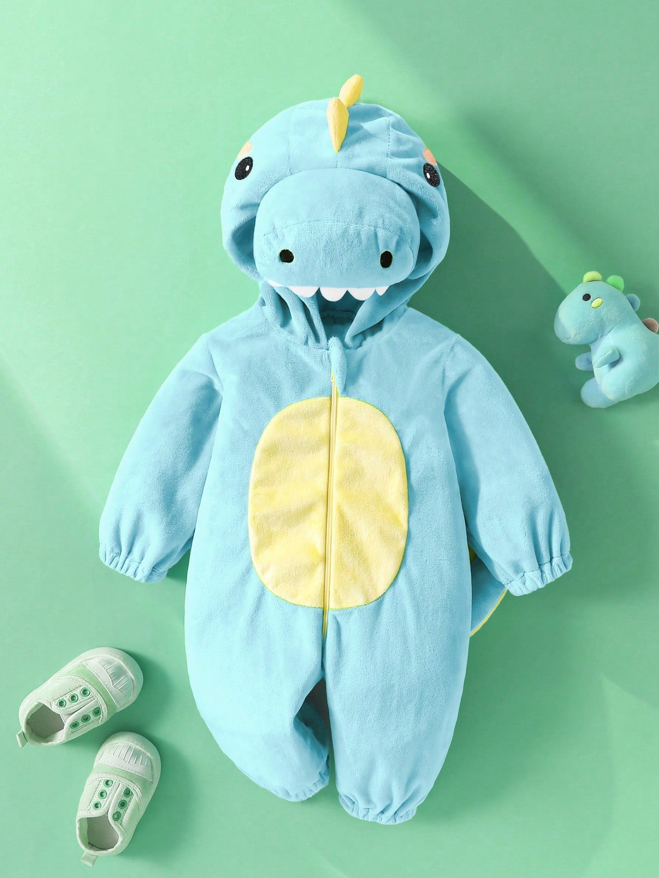 Newborn Cute Fun Crystal Plush Dinosaur 3D Shaped Long Sleeve Long Pants Romper