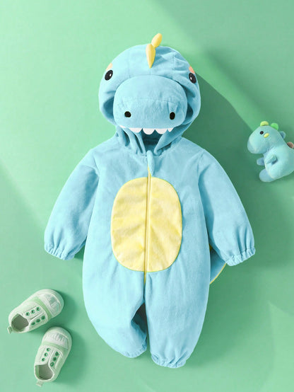 Newborn Cute Fun Crystal Plush Dinosaur 3D Shaped Long Sleeve Long Pants Romper