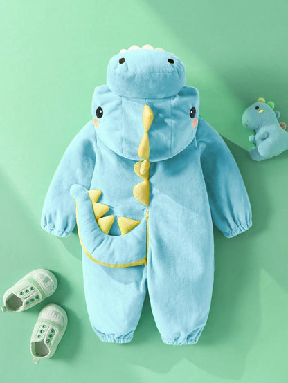 Newborn Cute Fun Crystal Plush Dinosaur 3D Shaped Long Sleeve Long Pants Romper