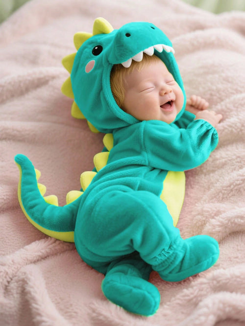 Newborn Cute Plush 3D Dinosaur Shaped Romper, Long Sleeve & Pants Jumpsuit Fall Winter