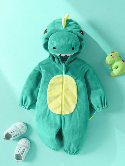 Newborn Cute Plush 3D Dinosaur Shaped Romper, Long Sleeve & Pants Jumpsuit Fall Winter