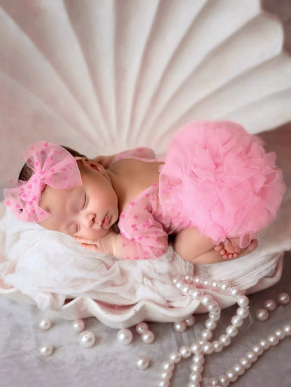 Newborn Photography Props- Baby Polka Dot Lace Bodysuit & Bow Headband Set