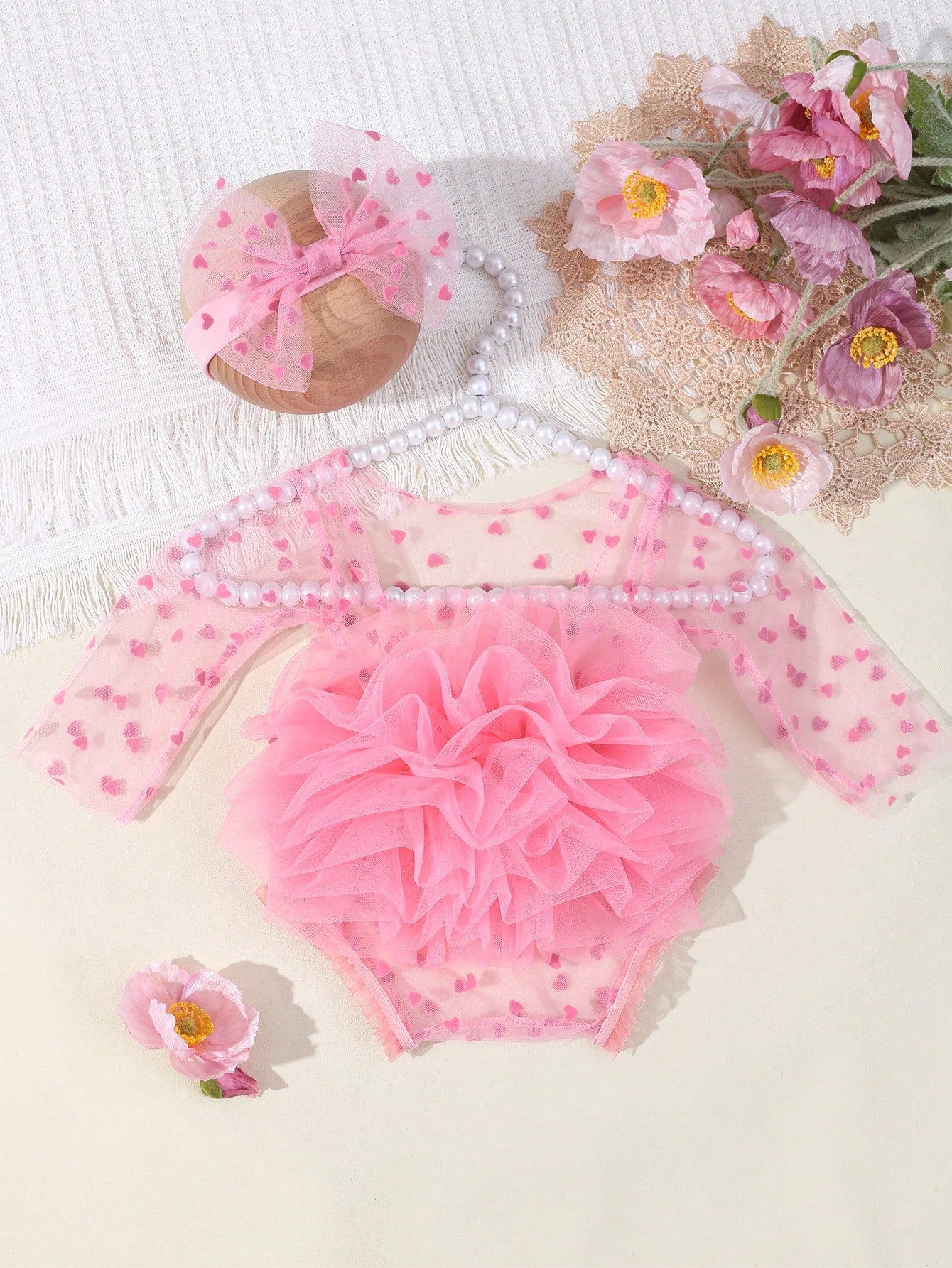 Newborn Photography Props- Baby Polka Dot Lace Bodysuit & Bow Headband Set