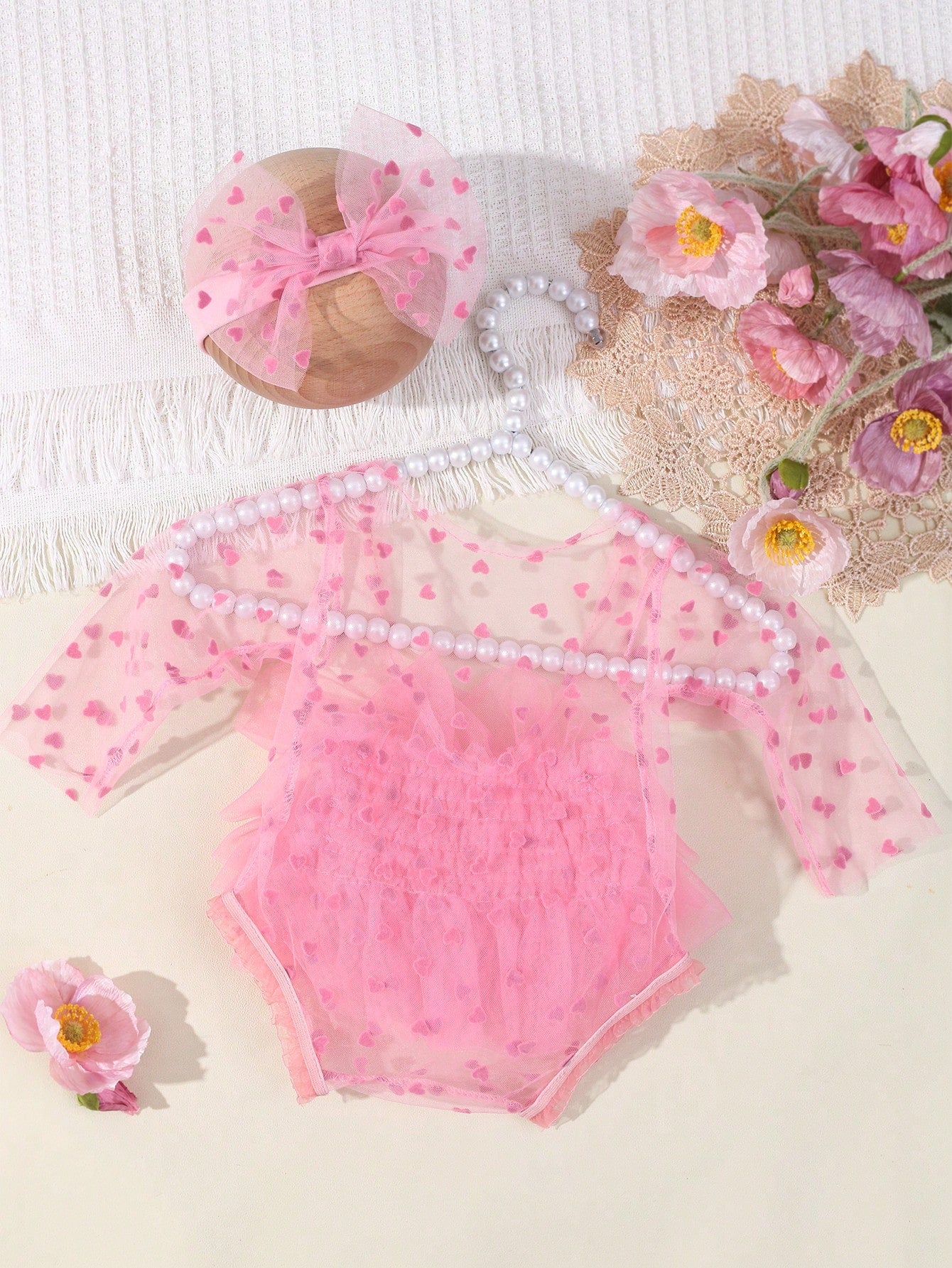 Newborn Photography Props- Baby Polka Dot Lace Bodysuit & Bow Headband Set