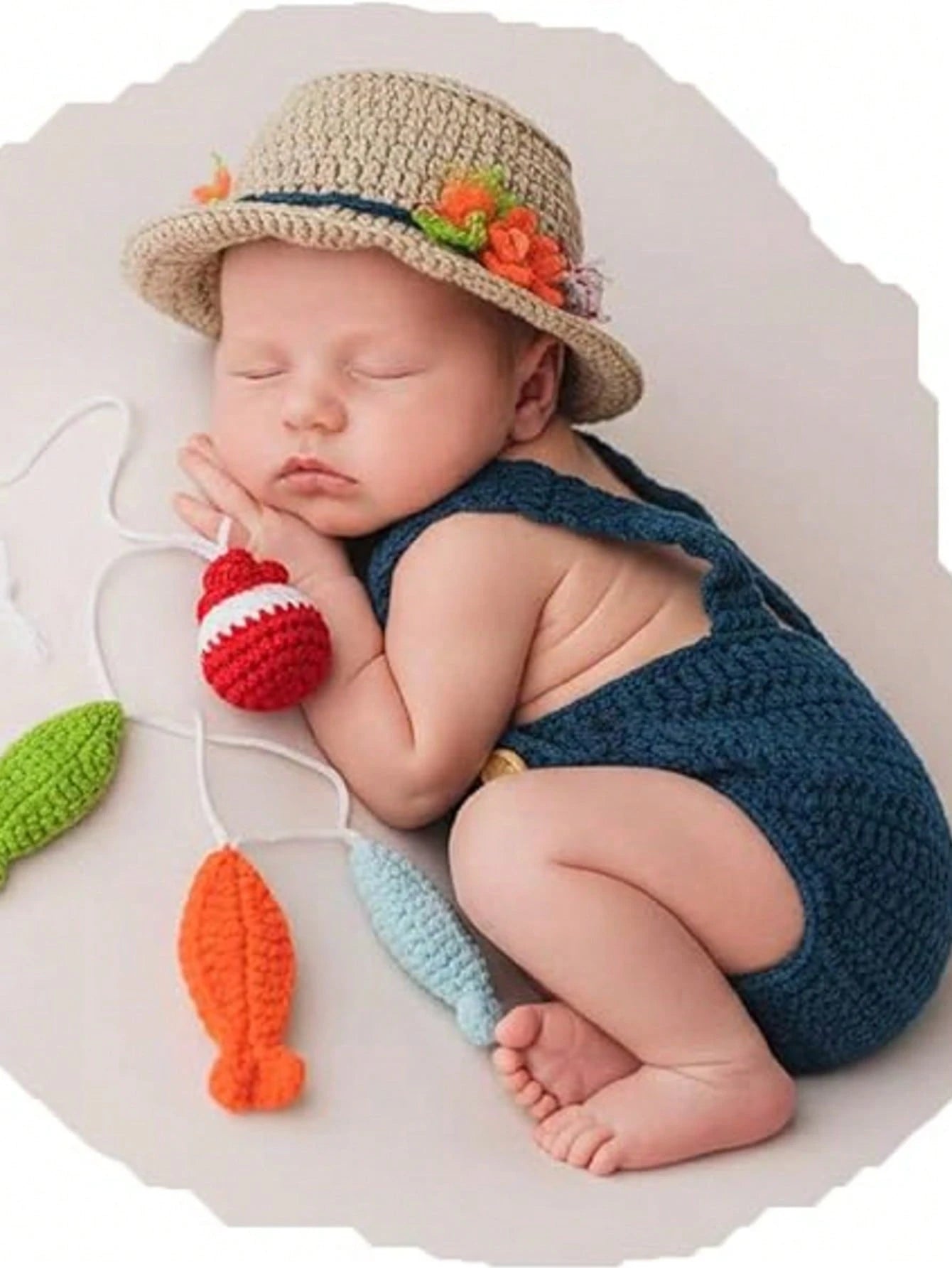 Newborn Photoshoot Outfits Fisherman Set, Crochet Kintted Baby Photography Props Hat, Suspender Pants & Fish For Boys Girls