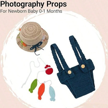 Newborn Photoshoot Outfits Fisherman Set, Crochet Kintted Baby Photography Props Hat, Suspender Pants & Fish For Boys Girls