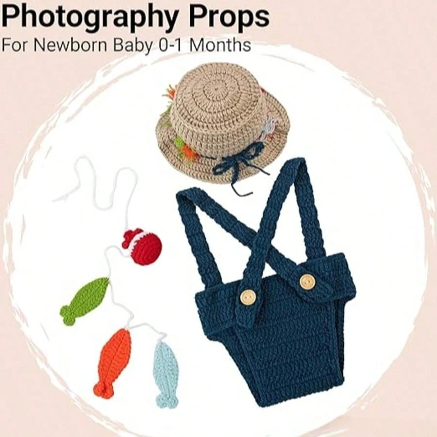 Newborn Photoshoot Outfits Fisherman Set, Crochet Kintted Baby Photography Props Hat, Suspender Pants & Fish For Boys Girls
