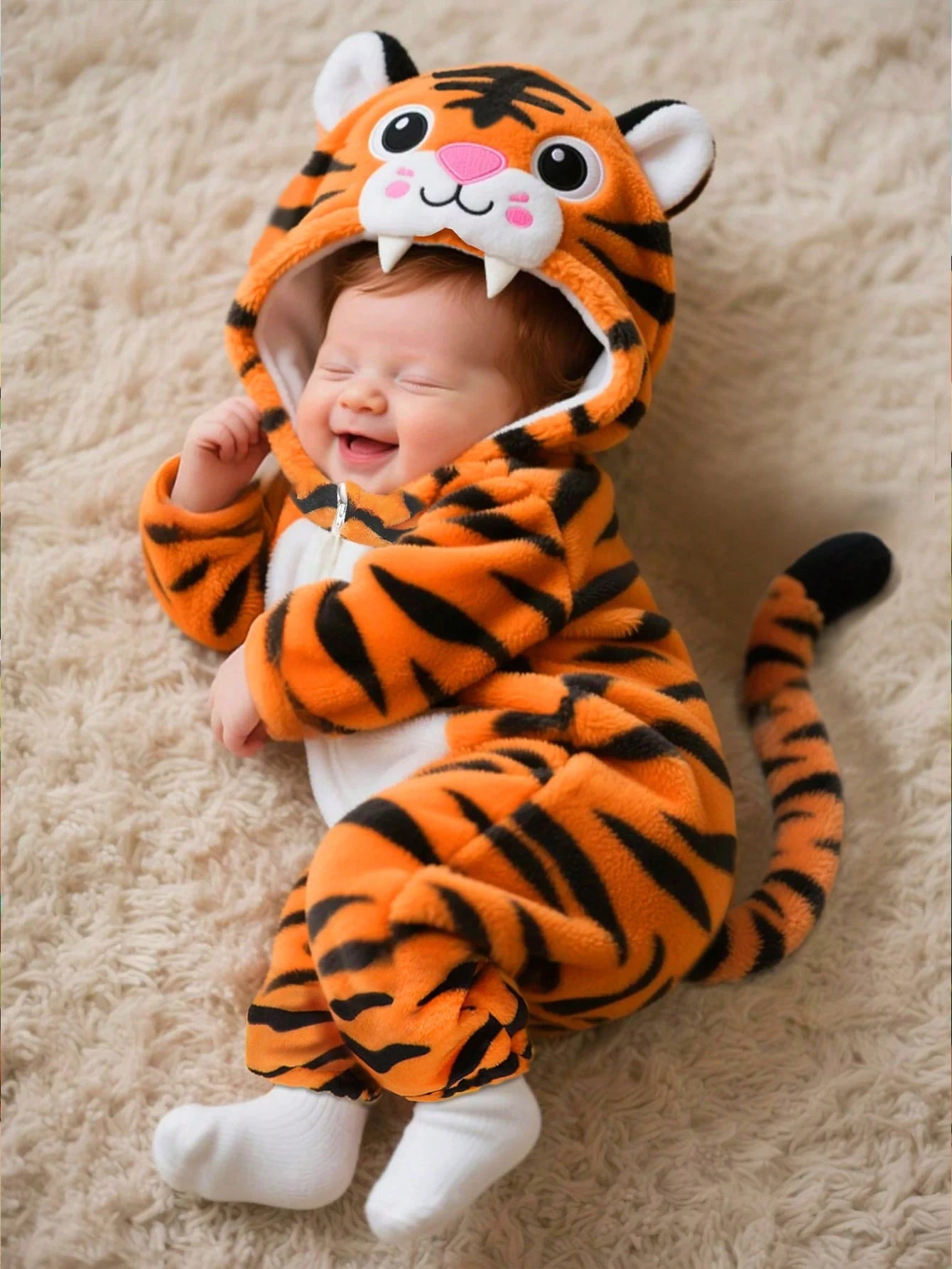 Newborn Tiger Costume, Cute Tiger Plush 3D Embroidery Hat, Long Sleeve Jumpsuit With Tail, Infant Winter Outfit