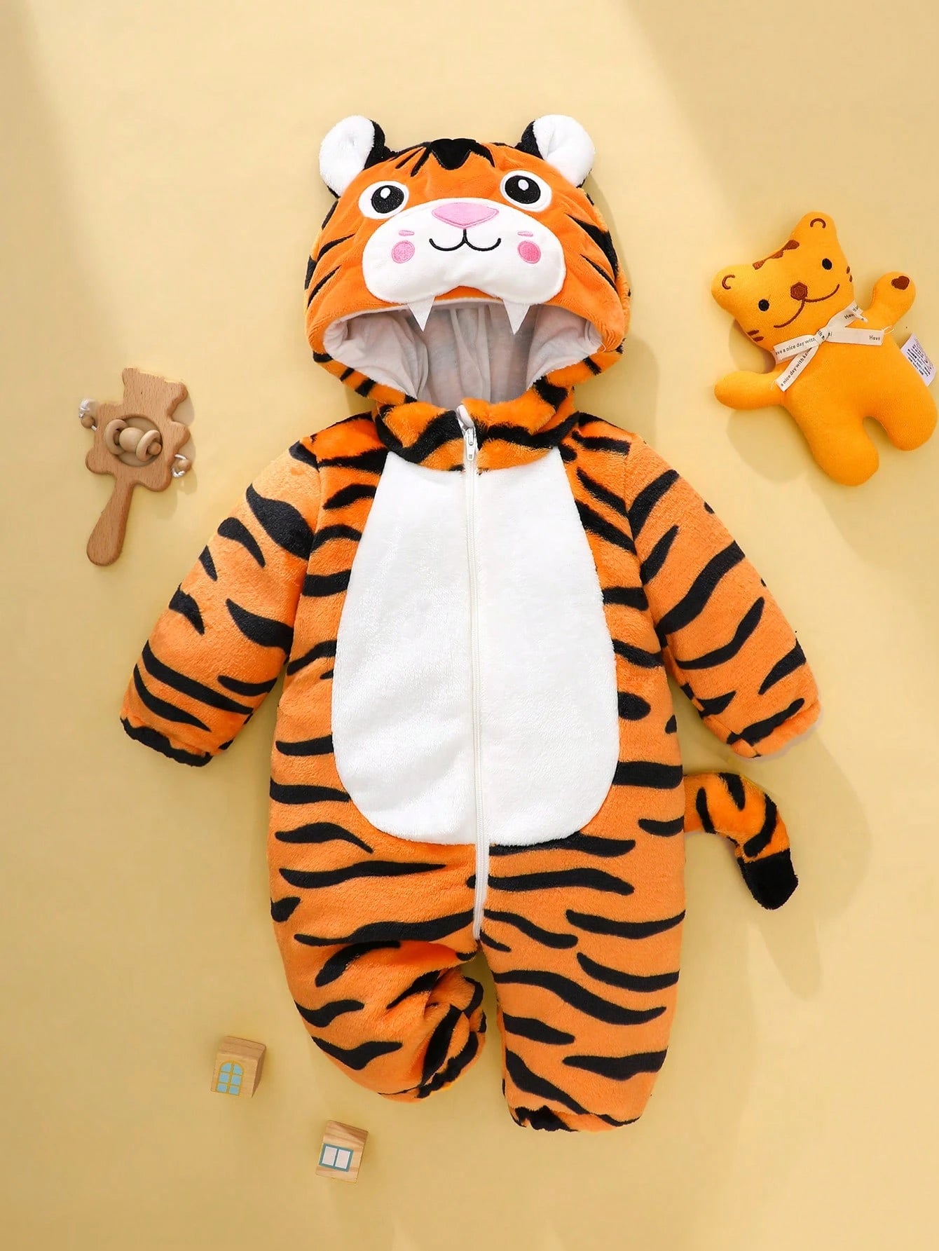 Newborn Tiger Costume, Cute Tiger Plush 3D Embroidery Hat, Long Sleeve Jumpsuit With Tail, Infant Winter Outfit