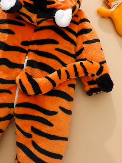 Newborn Tiger Costume, Cute Tiger Plush 3D Embroidery Hat, Long Sleeve Jumpsuit With Tail, Infant Winter Outfit