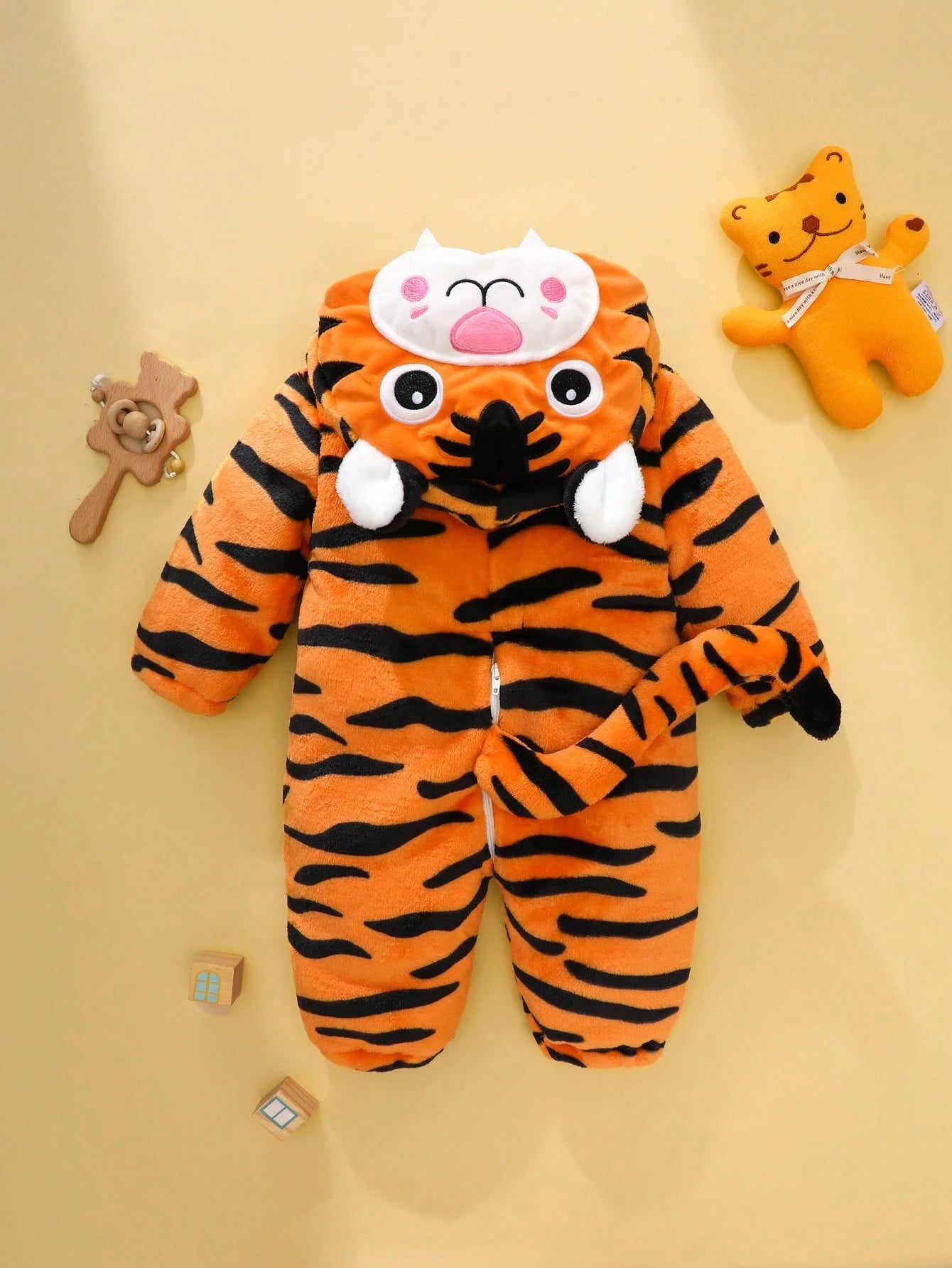 Newborn Tiger Costume, Cute Tiger Plush 3D Embroidery Hat, Long Sleeve Jumpsuit With Tail, Infant Winter Outfit