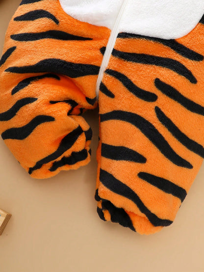 Newborn Tiger Costume, Cute Tiger Plush 3D Embroidery Hat, Long Sleeve Jumpsuit With Tail, Infant Winter Outfit