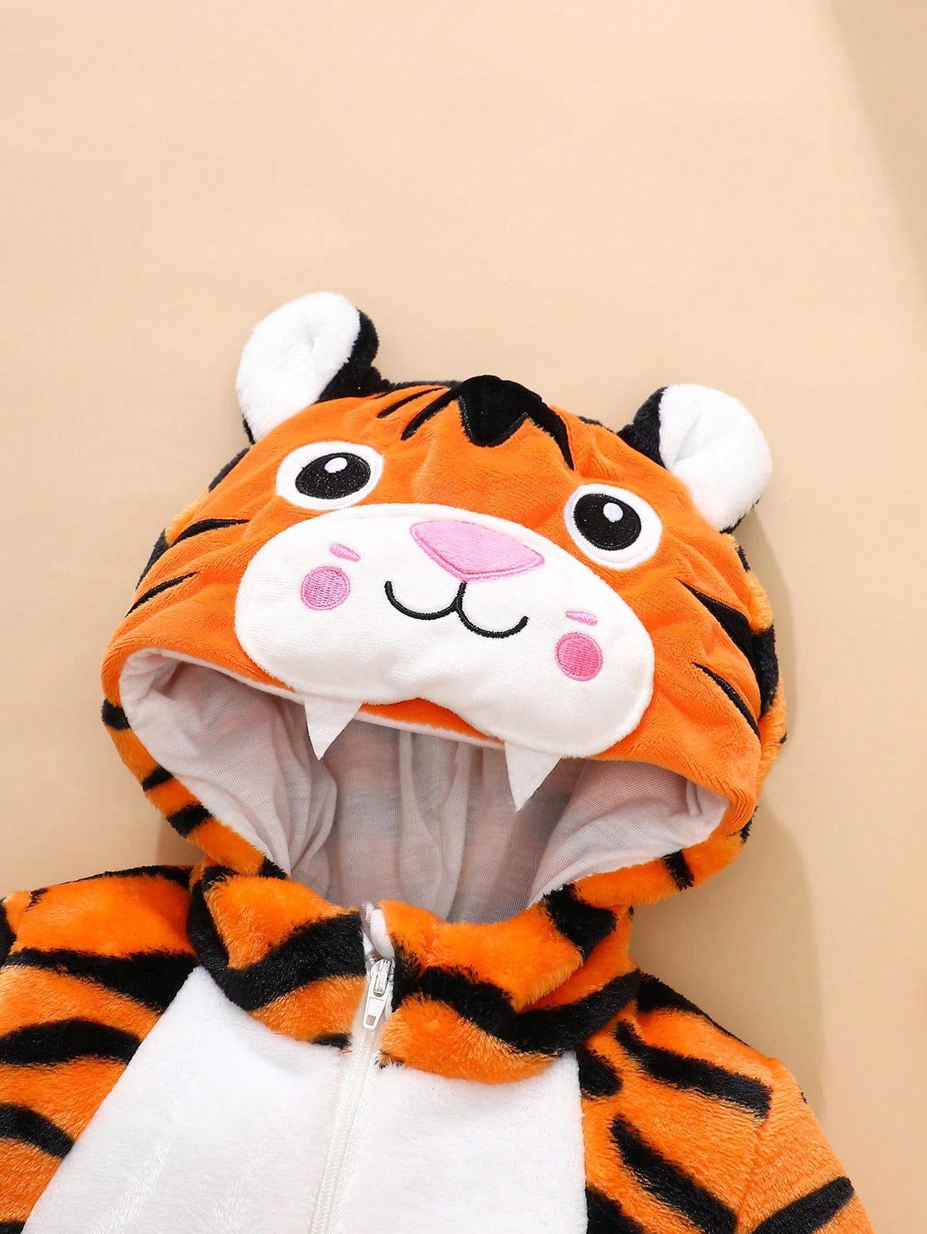 Newborn Tiger Costume, Cute Tiger Plush 3D Embroidery Hat, Long Sleeve Jumpsuit With Tail, Infant Winter Outfit