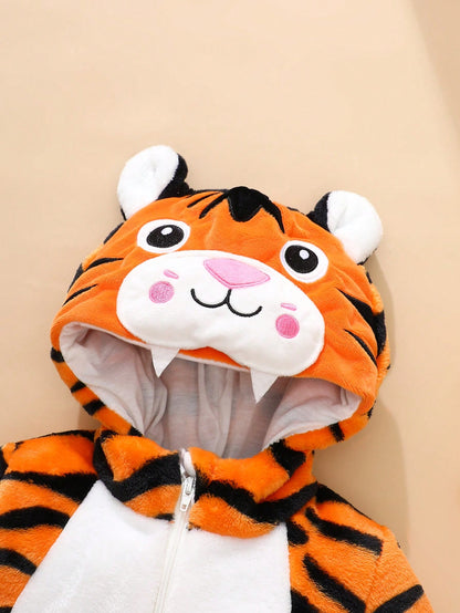 Newborn Tiger Costume, Cute Tiger Plush 3D Embroidery Hat, Long Sleeve Jumpsuit With Tail, Infant Winter Outfit