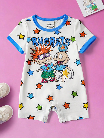 Nick 90s| Baby Boy Cute Cartoon Character & Star Letter Graphic Contrast Binding Short Sleeve Comfortable Romper, Summer