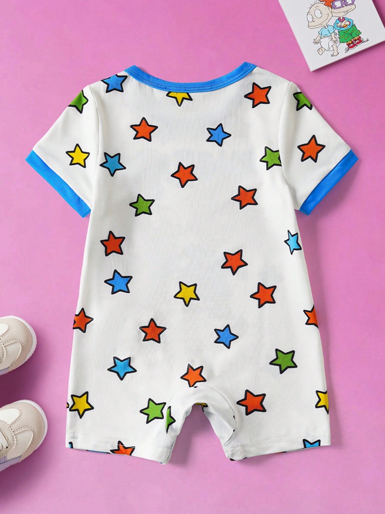 Nick 90s| Baby Boy Cute Cartoon Character & Star Letter Graphic Contrast Binding Short Sleeve Comfortable Romper, Summer