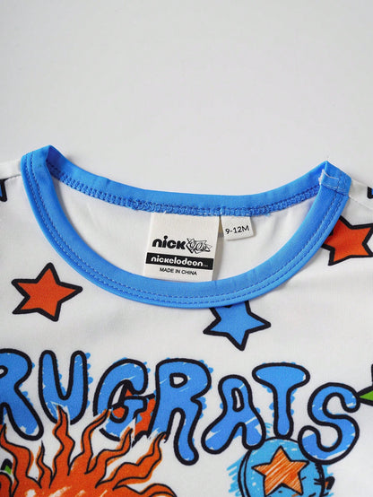 Nick 90s| Baby Boy Cute Cartoon Character & Star Letter Graphic Contrast Binding Short Sleeve Comfortable Romper, Summer