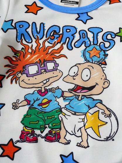 Nick 90s| Baby Boy Cute Cartoon Character & Star Letter Graphic Contrast Binding Short Sleeve Comfortable Romper, Summer