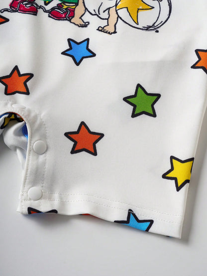 Nick 90s| Baby Boy Cute Cartoon Character & Star Letter Graphic Contrast Binding Short Sleeve Comfortable Romper, Summer