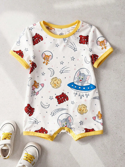 Nick 90s| Baby Boy Cute Cartoon Character & Star Letter Graphic Contrast Binding Short Sleeve Comfortable Romper, Summer